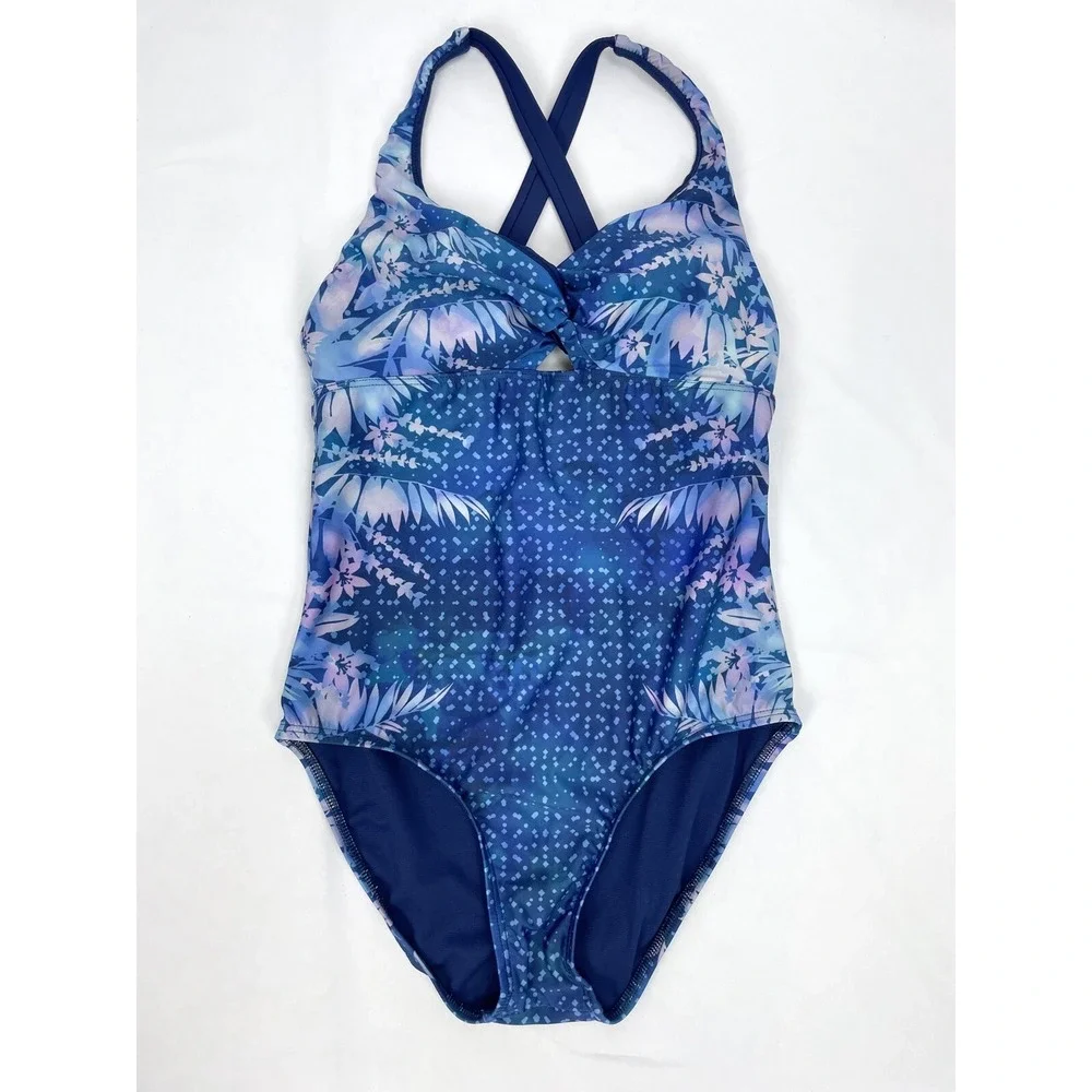 Title Nine Women SMALL‎ Blue Tropical One Piece Swimsuit Padded Twist Front